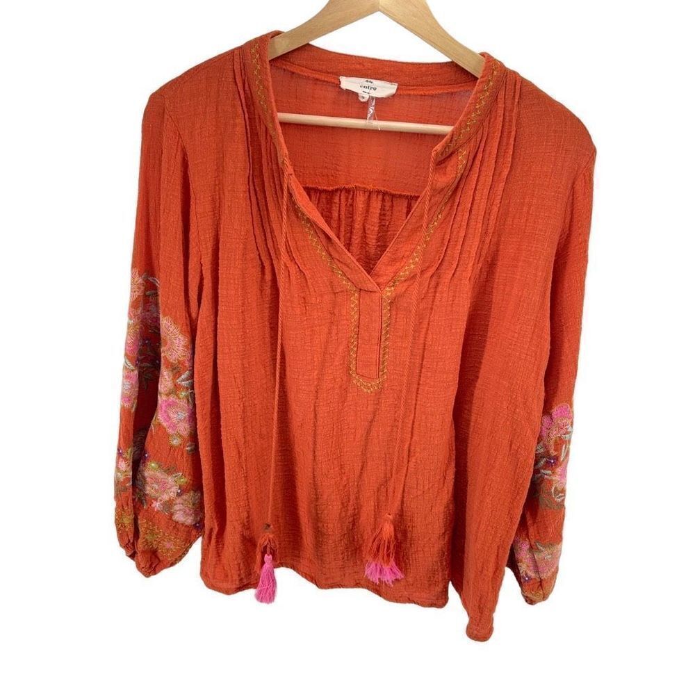Entro Womens Pullover Blouse Top Balloon Sleeve Tassel Embroidered Orange Small